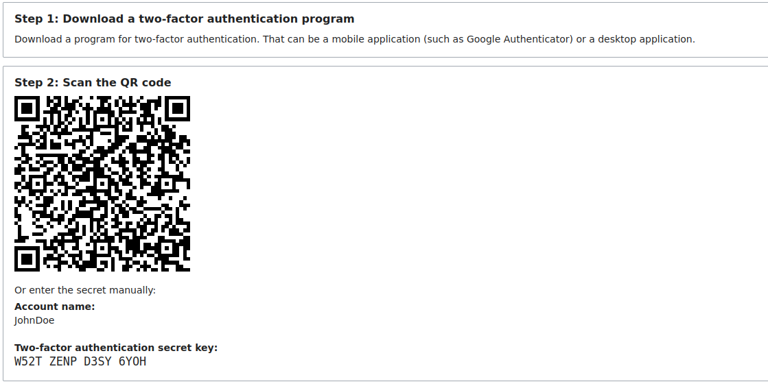 2FA setup screen with a QR code and secret key