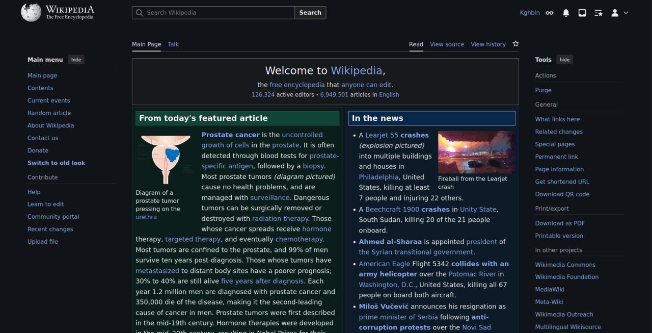 Vector 2022 MediaWiki skin in dark (night) mode as seen on English Wikipedia