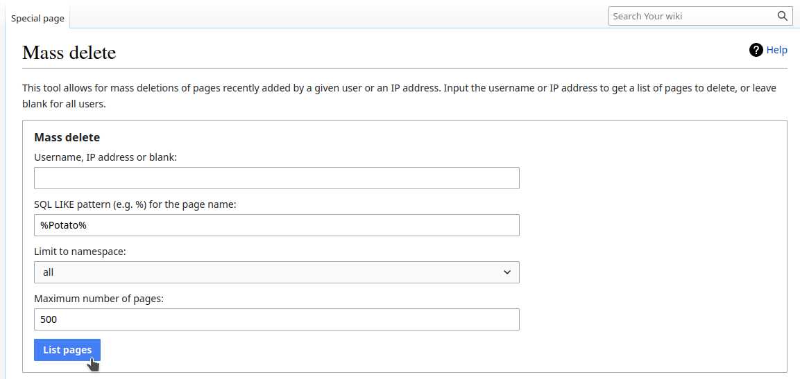 Searching for MediaWiki pages to mass-delete them