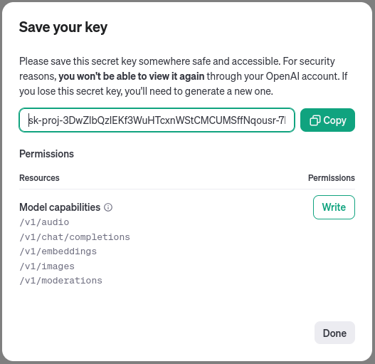 Copy the OpenAI secret key